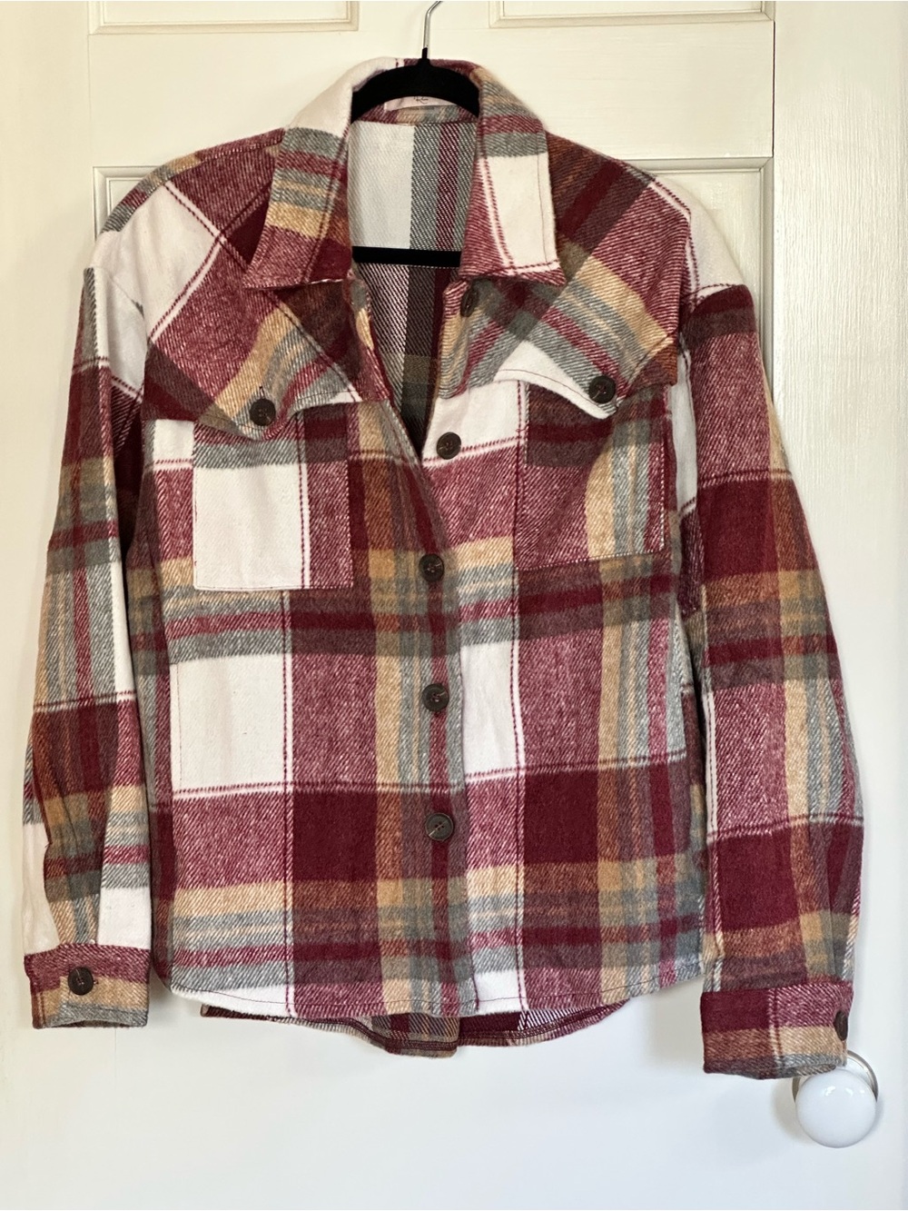 NWOT River Women’s Plaid Button-Up Shacket - Burgundy Multi - size L